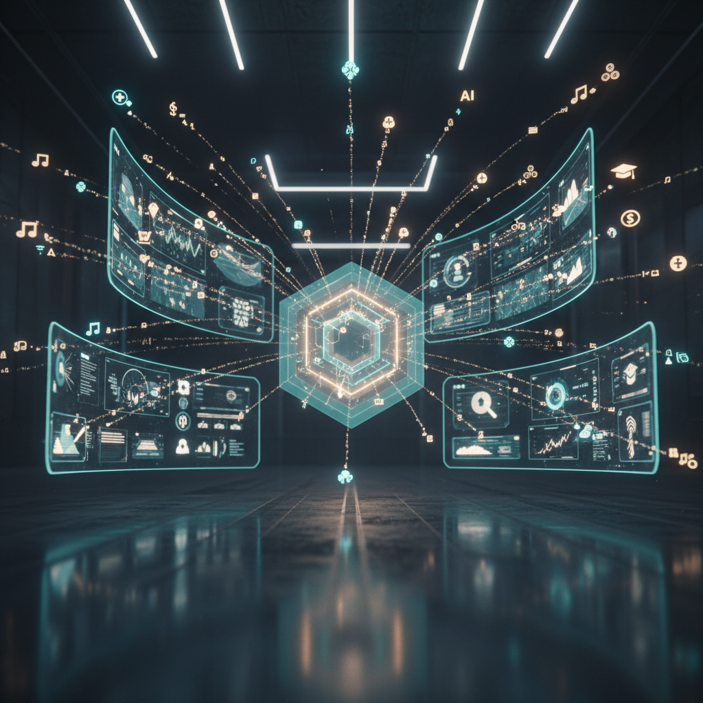 An elegant digital-art scene of an abstract AI “control room” composed entirely of glowing geometric interfaces. In the center, a translucent hexagonal core radiates warm cyan and amber light, sending out streams of tiny icons symbolizing healthcare, finance, education, and creative tools, all clearly non-textual. These streams arc gracefully into curved holographic dashboards arranged in a semi-circle, floating above a polished dark floor that reflects their glow. The environment is a spacious, dimly lit tech hub with soft, diffused overhead lighting enhancing the luminous interfaces. Shot from a slightly elevated angle with strong depth, leading lines draw the eye toward the central core. The mood is calm, organized, and confidently professional, evoking curated analysis and editorial oversight of positive AI developments.