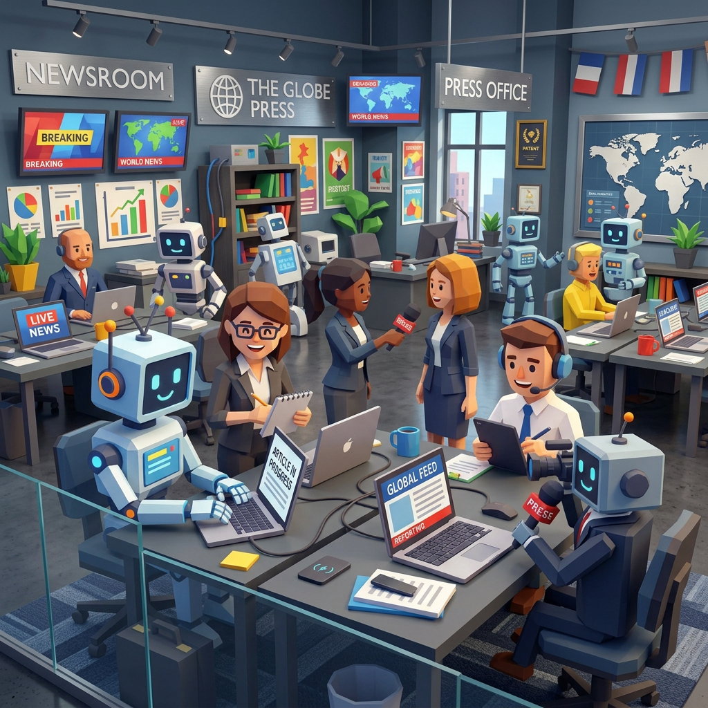 Journalists and robots working together in a colorful newsroom
