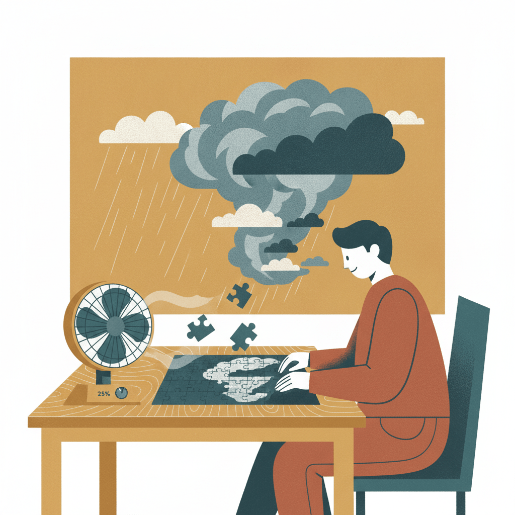 Illustration of a person calmly assembling a puzzle of a storm cloud while a small fan spins nearby, symbolizing overblown AI doom predictions.