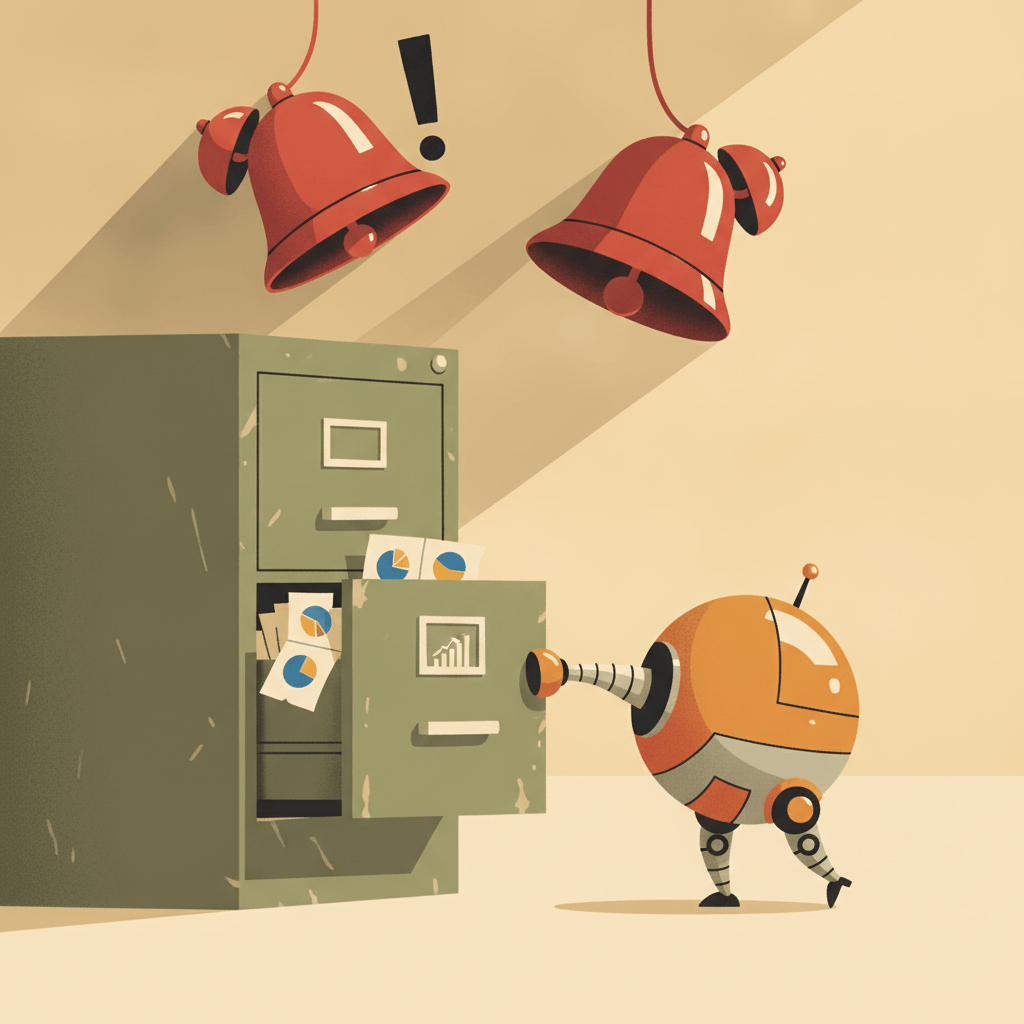 Illustration of a small robot peeking into a filing cabinet drawer while oversized alarm bells loom dramatically behind it.
