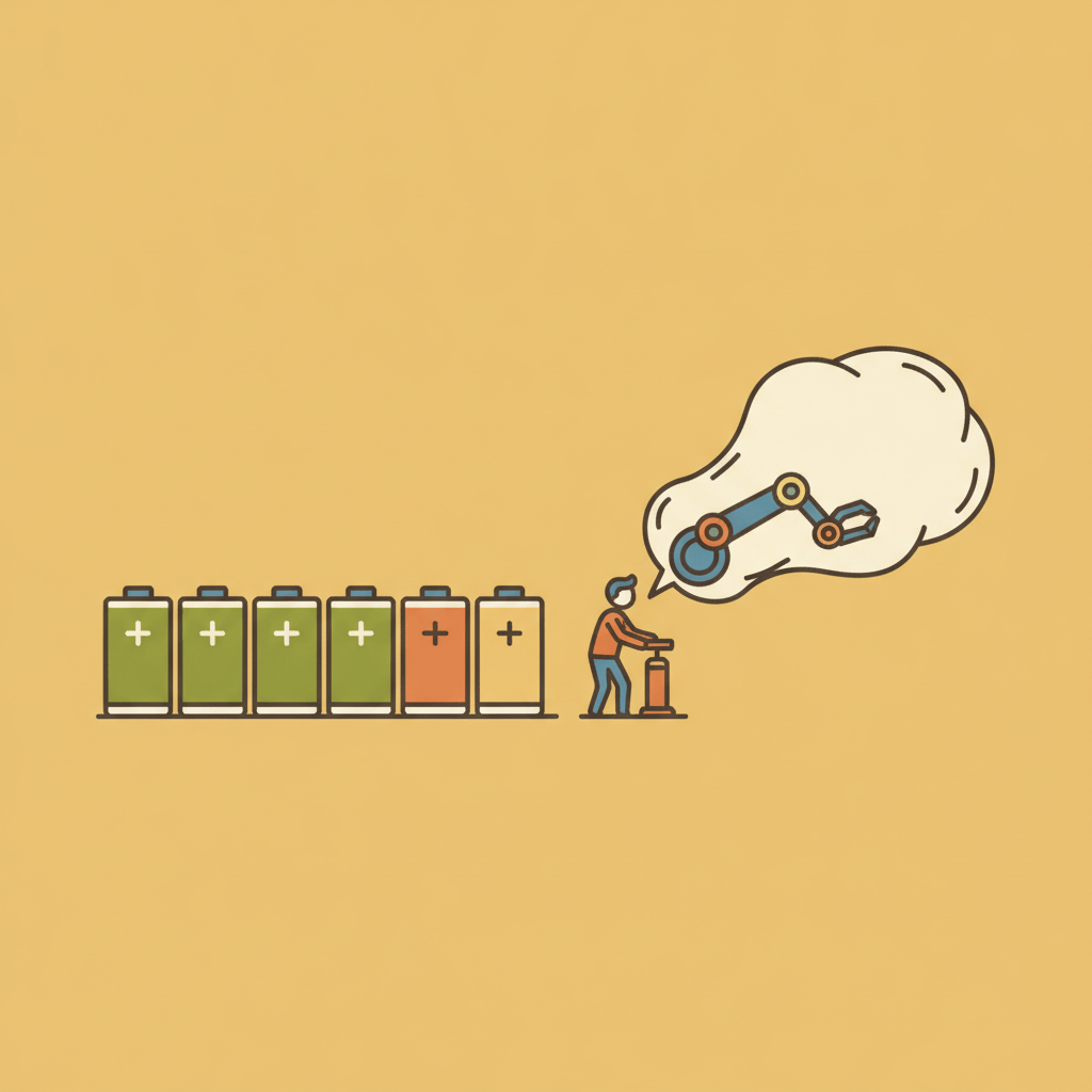 Editorial illustration contrasting healthy glowing battery icons with a giant balloon inflated from one tiny quote.
