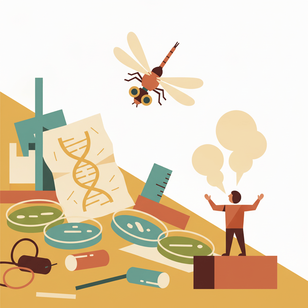 Illustration of a tiny robotic dragonfly flipping over a lab desk with DNA sketches, beside a figure ranting on a soapbox
