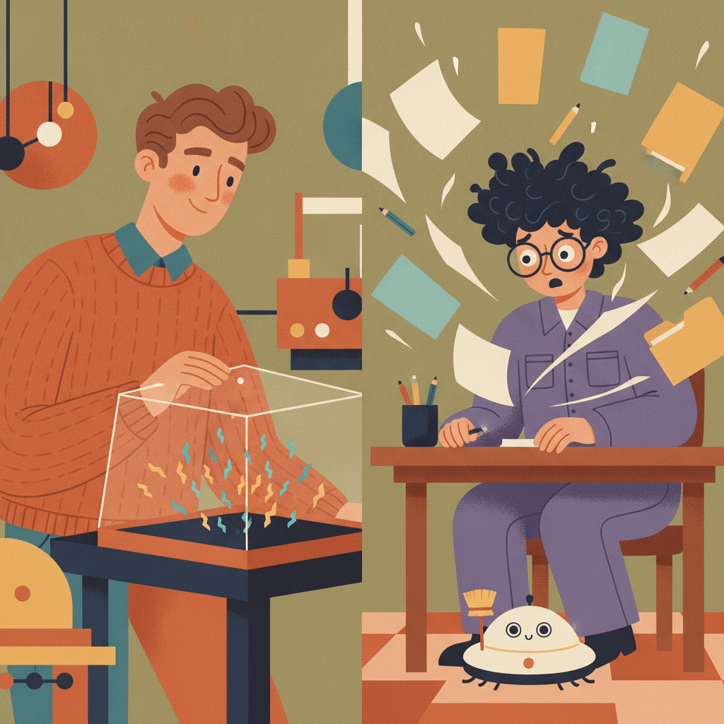 Split illustration: a physicist watching sparks appear in a lab beside a desk with papers flying and a sheepish robot vacuum.