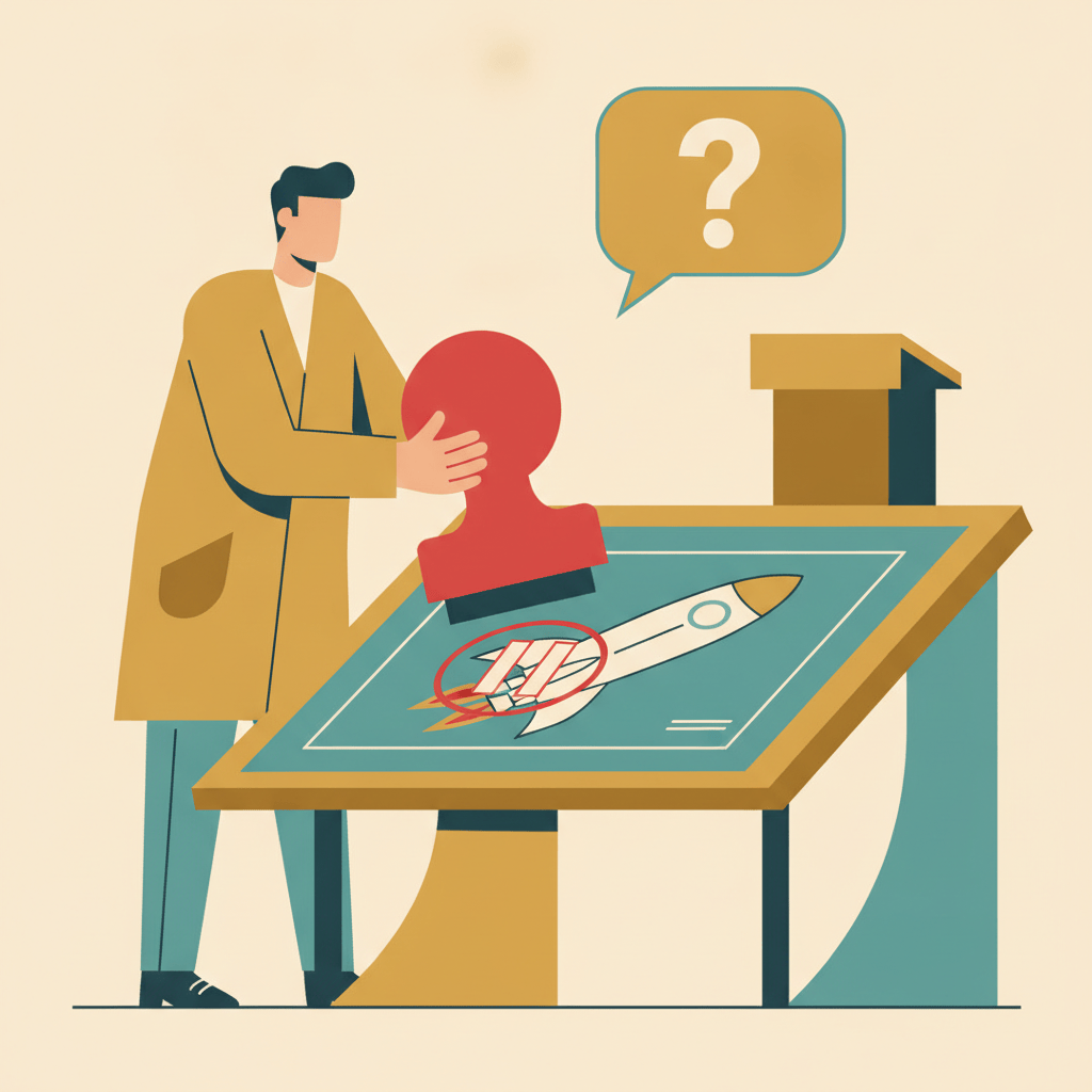 Illustration of a scientist stamping pause on a rocket blueprint beside a podium with a puzzled speech bubble