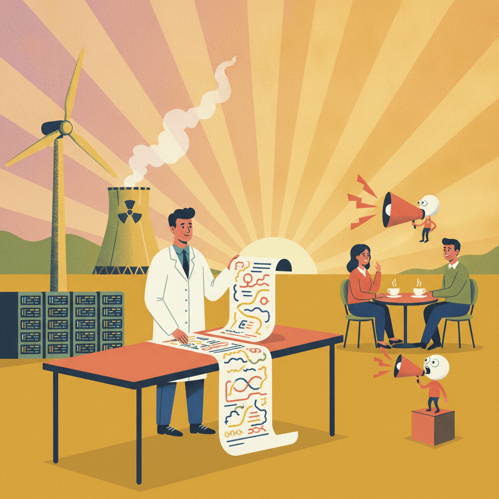 Illustration contrasting calm nuclear-and-data-center science work with a tiny figure shouting doom into a megaphone.