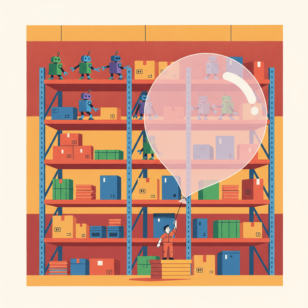 Flat illustration of small robots calmly climbing warehouse shelves beside a tiny figure holding an oversized inflated speech-bubble balloon.