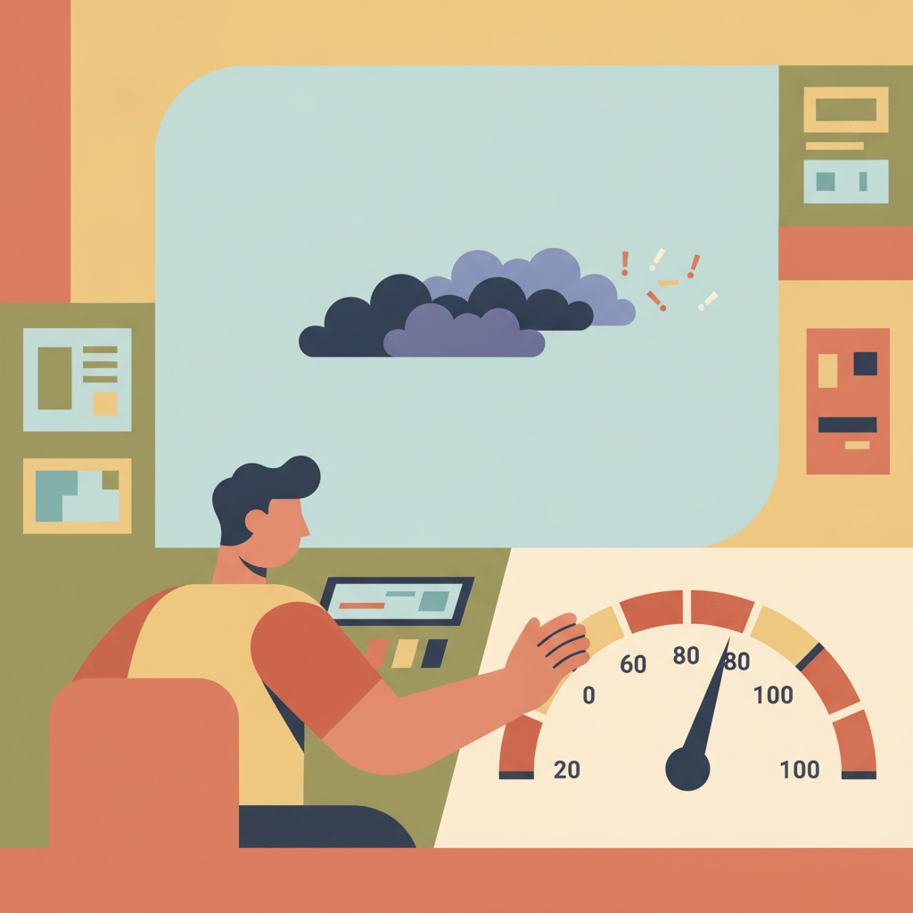 Illustration of a person calmly easing back a dial while cartoon storm clouds float past outside.