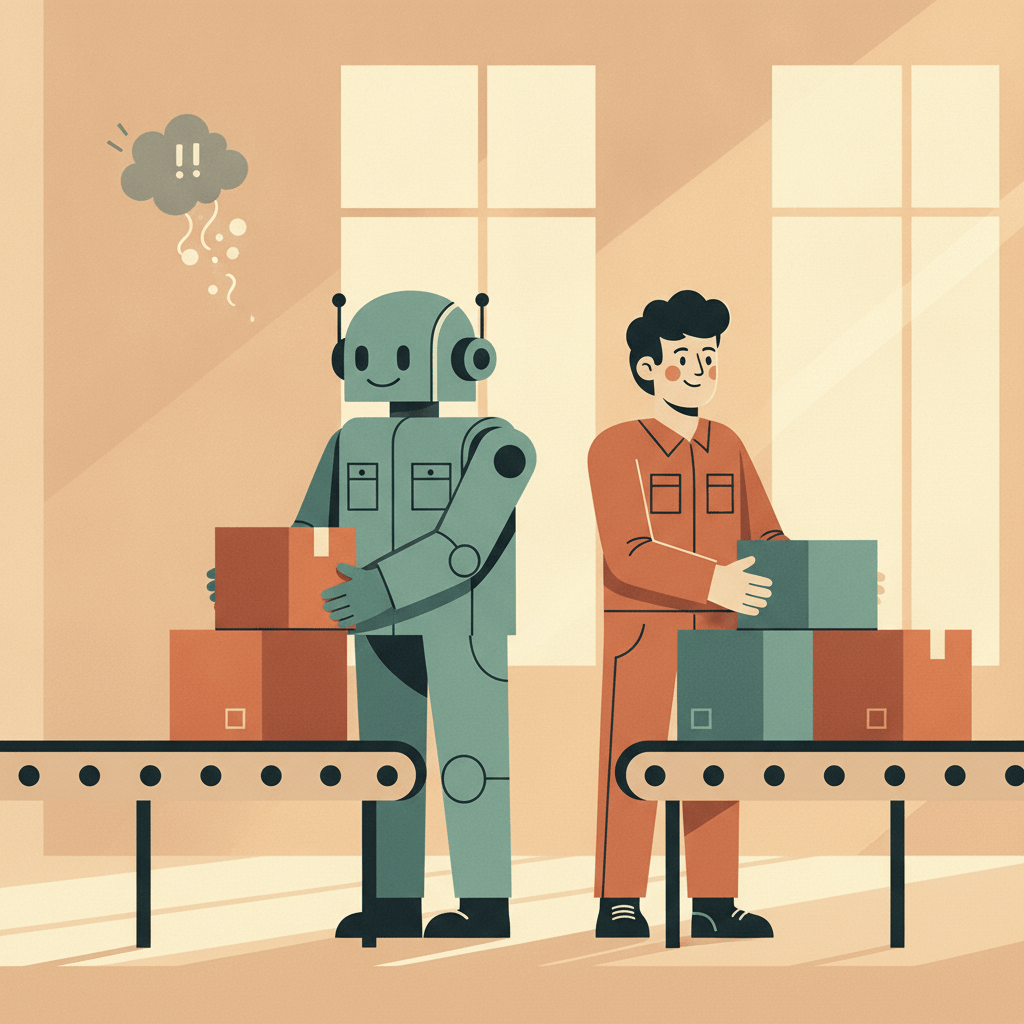 Illustration of a robot and a human sorting boxes together on a factory floor as a cartoon storm cloud pops nearby.