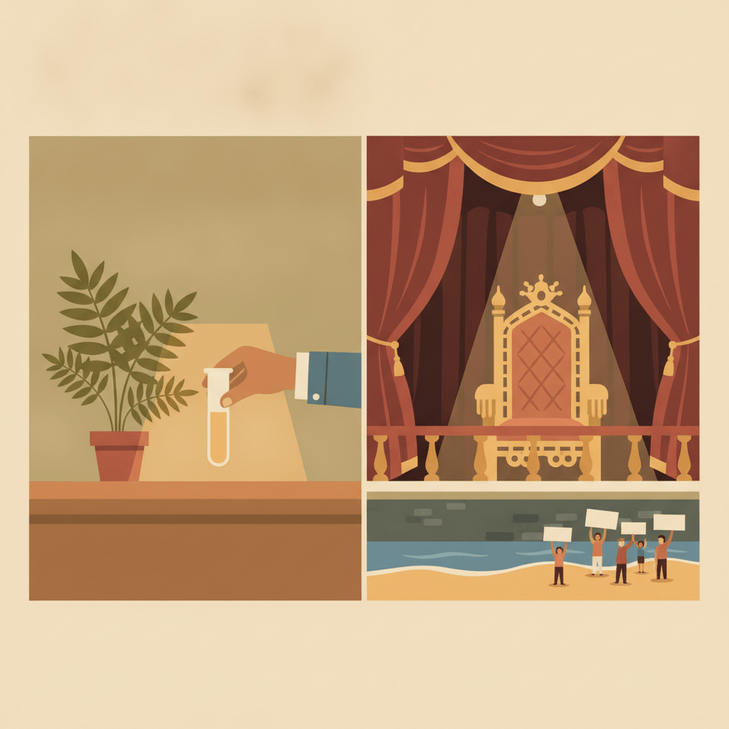 Split illustration contrasting a modest glowing lab bench with a theatrical royal balcony and protest beach scene