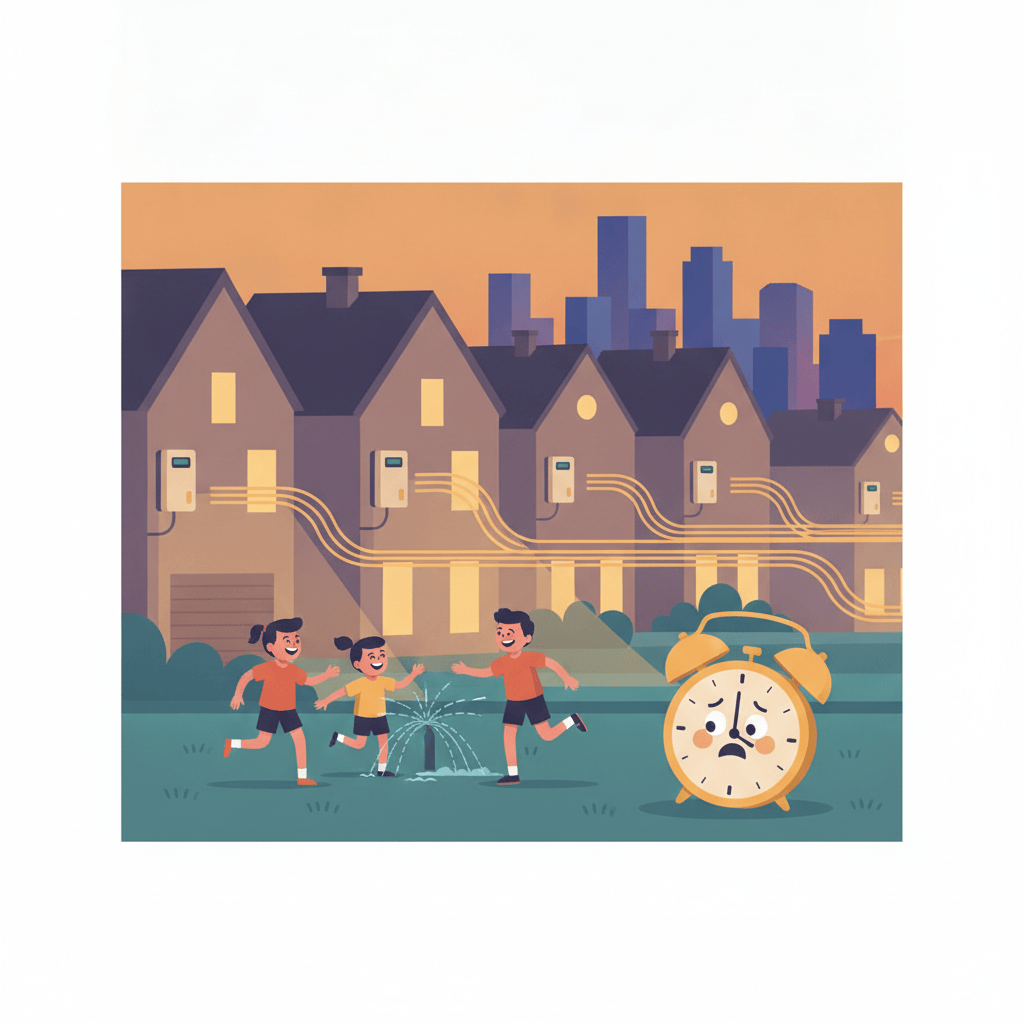 Illustration of a suburban street at dusk with glowing home batteries powering houses and an ignored alarm clock on the lawn.