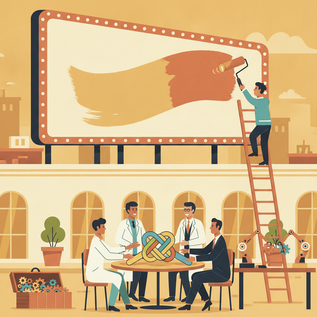 Illustration of a sign painter repainting a blank marquee while scientists and diplomats untangle a geometric puzzle and robots share open toolbox parts