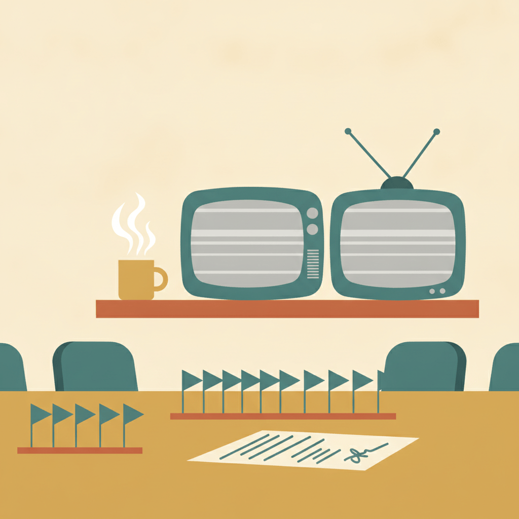 Illustration of flags lined up signing an agreement while three retro TVs behind them show static.