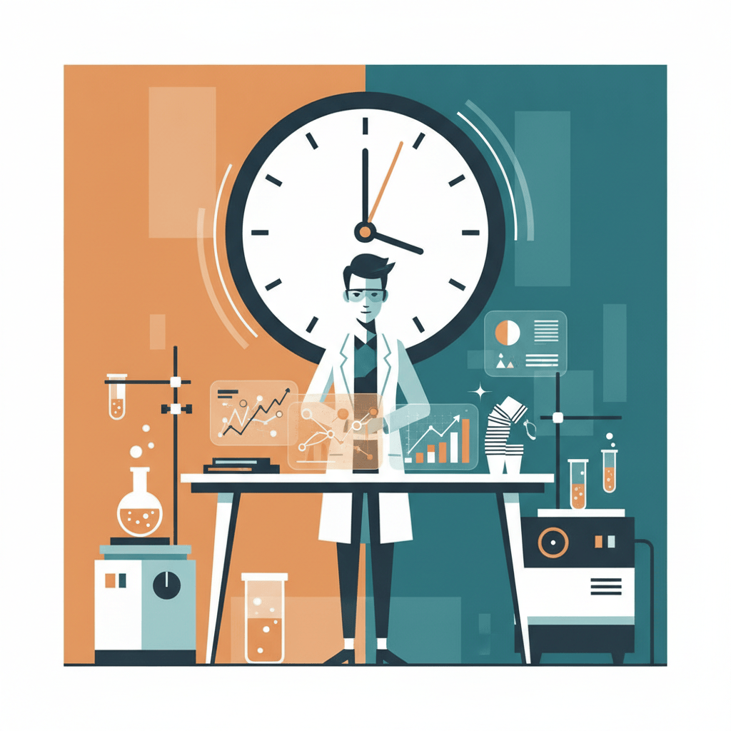 Illustration of a researcher surrounded by charts and a fast-spinning clock, symbolizing accelerated research.