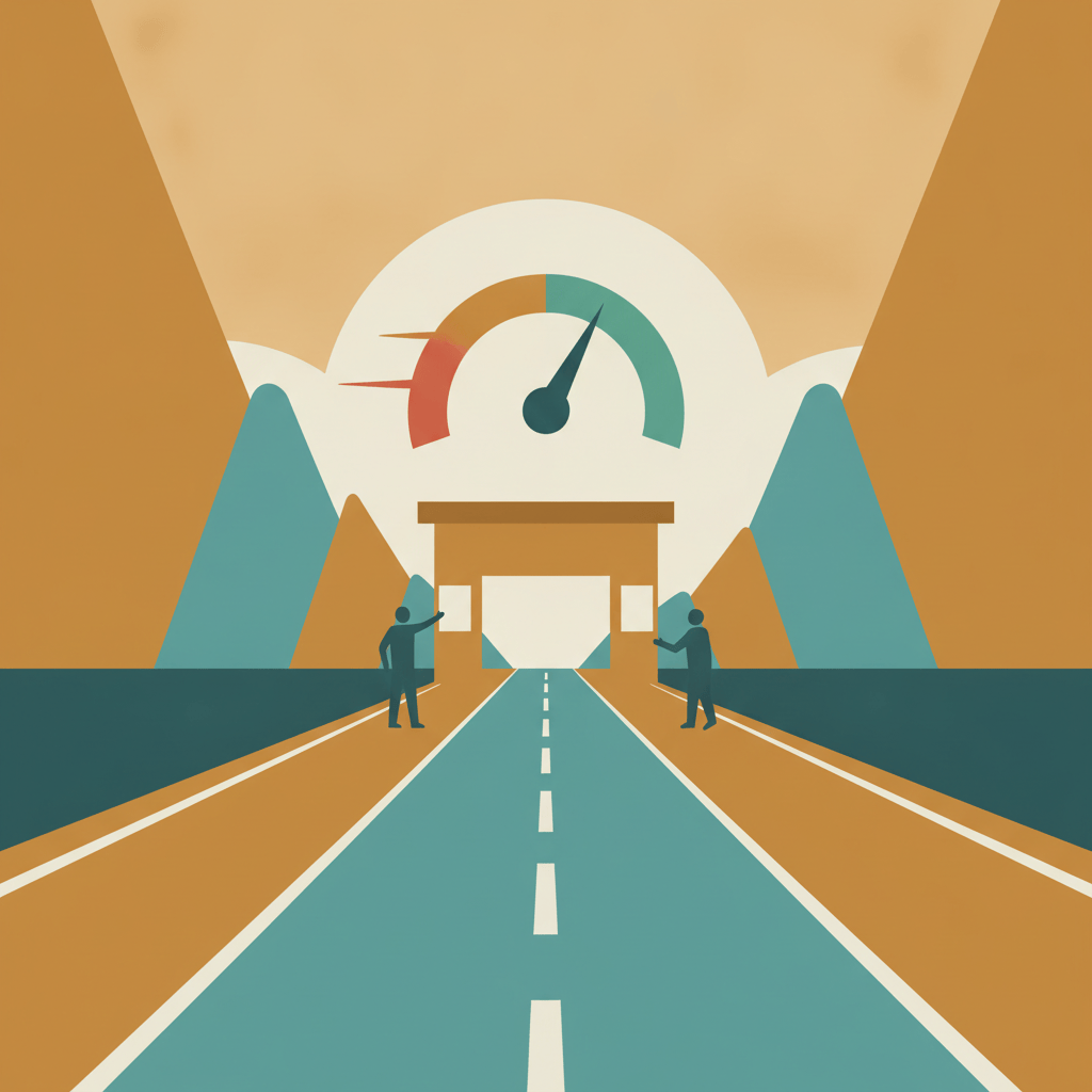 Illustration of a highway lane narrowing at a checkpoint, symbolizing an industry deliberately slowing its pace.