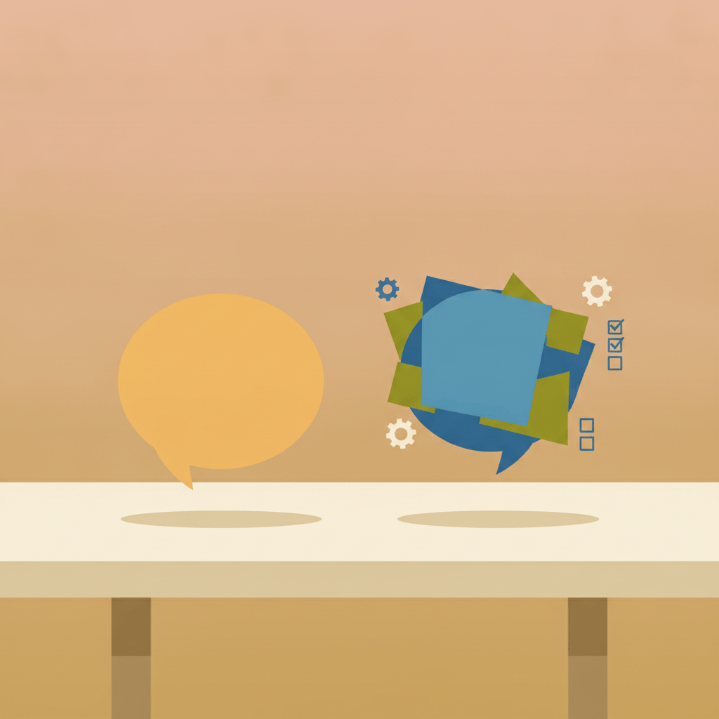 Illustration of two speech bubbles, one plain and one with small task icons, representing conversational AI handling background tasks