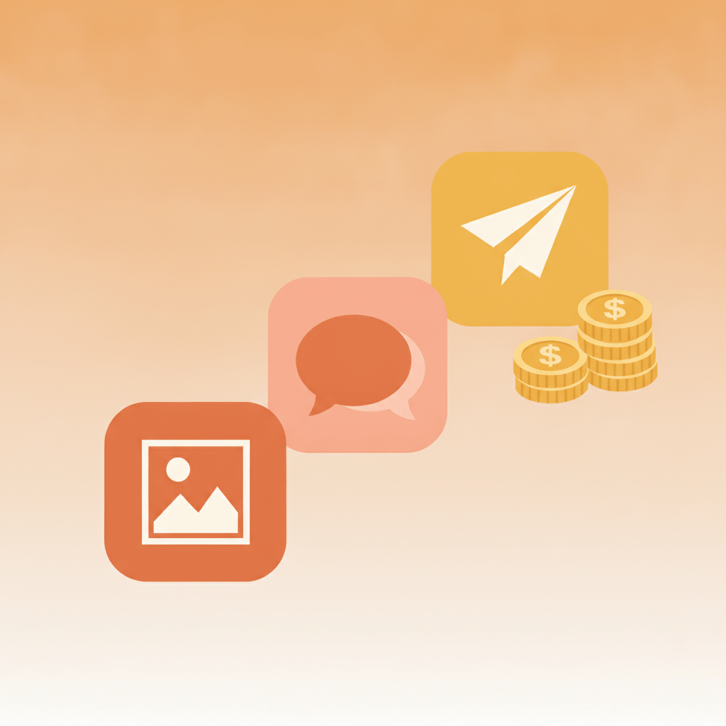 Illustration of three app-shaped tiles arranged in ascending tiers with coins, representing a tiered subscription service