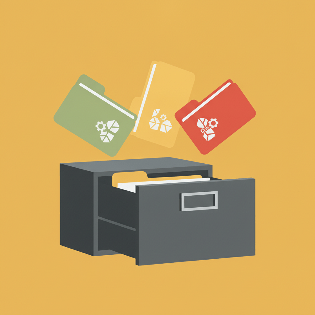 Three color-coded folders labeled by severity floating out of an open filing drawer, representing a tiered disclosure system.