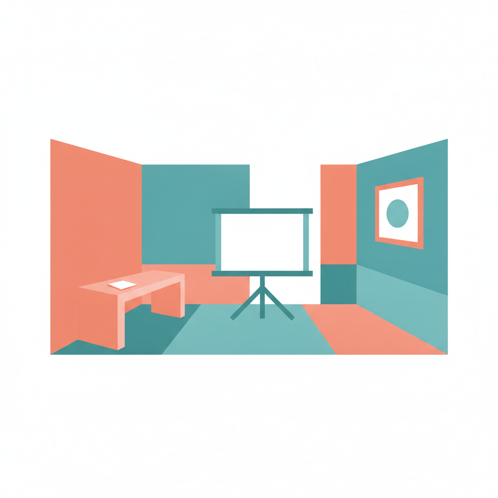 Two small separate rooms merging into one larger workspace containing a notepad, presentation easel, and picture frame.
