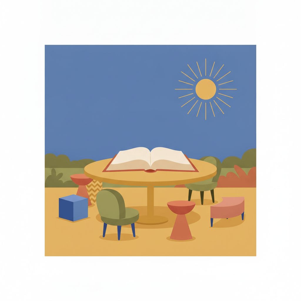 An open book on a table surrounded by mismatched chairs, symbolizing a public forum for debate.