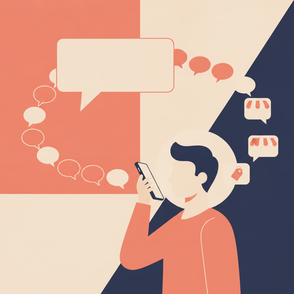 Illustration of a phone chat splitting into a plain reply and a shop-tagged sponsored reply, in flat editorial style