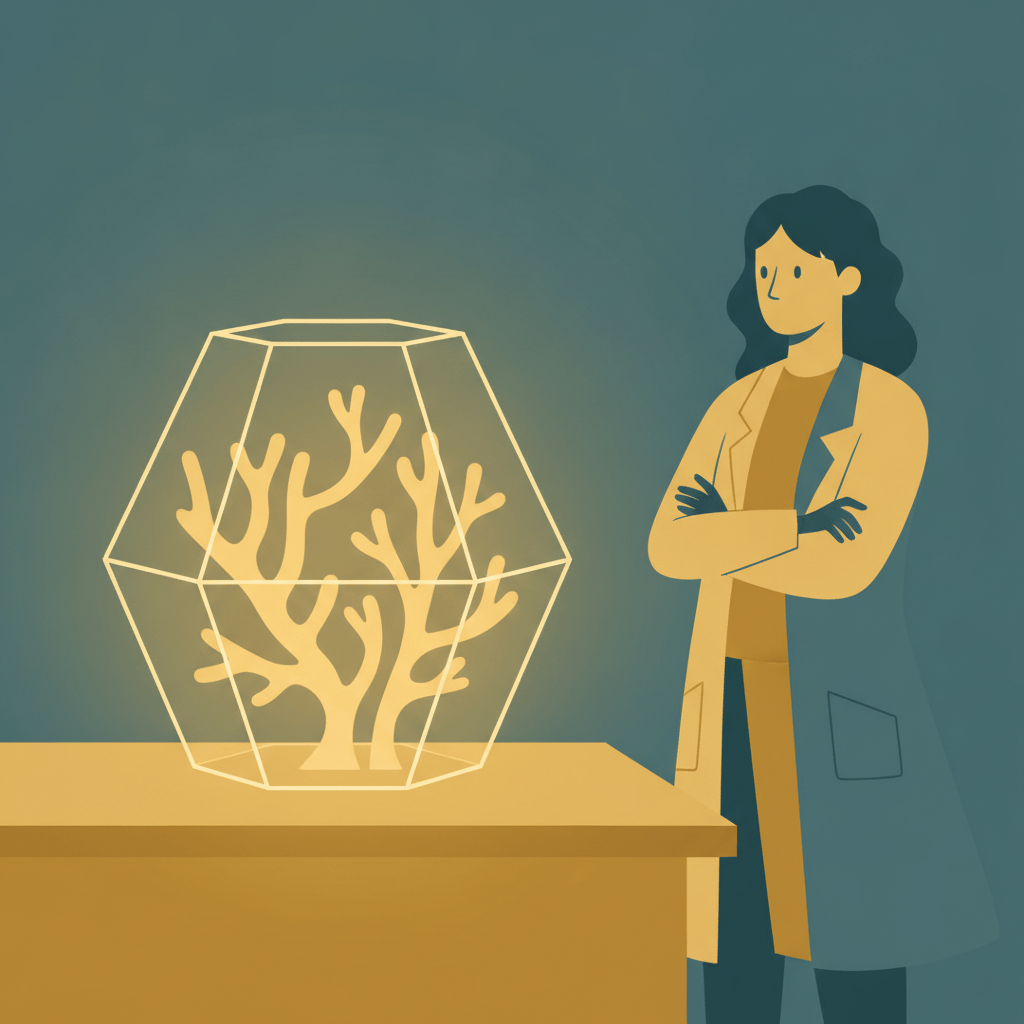 Illustration of a scientist observing a glowing coral-like structure growing in a terrarium, symbolizing an unfamiliar form of intelligence.