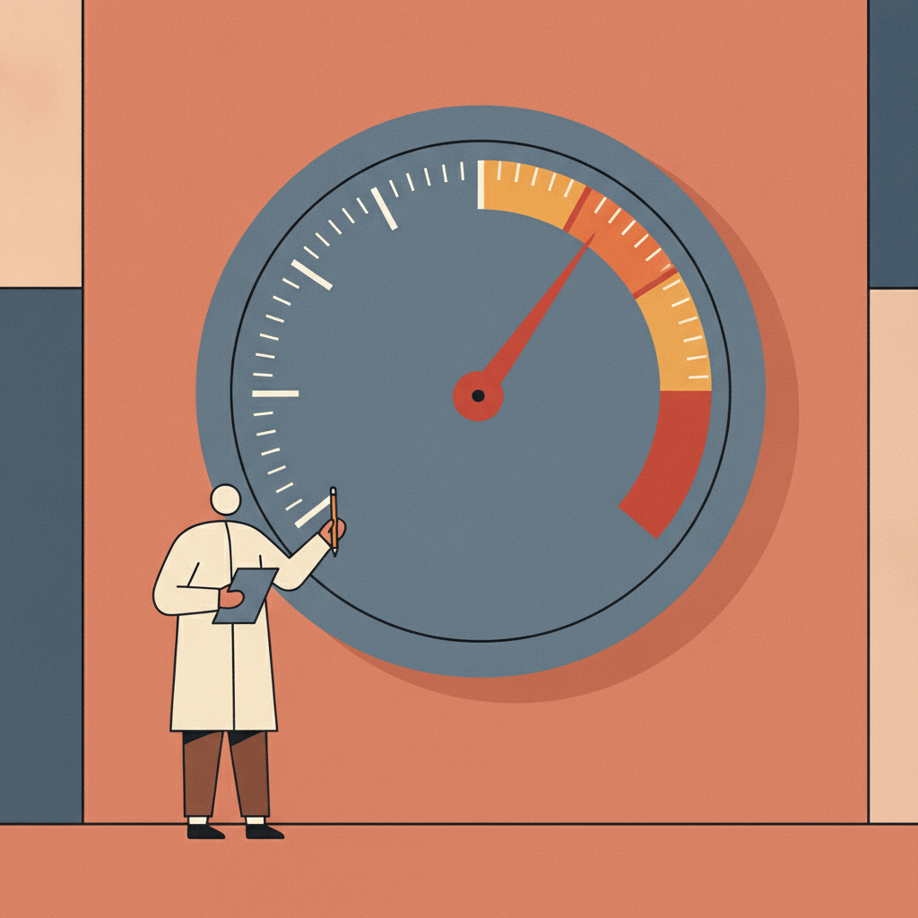 Illustration of a person reading a large gauge dial that tracks a measurement, symbolizing monitoring AI development pace