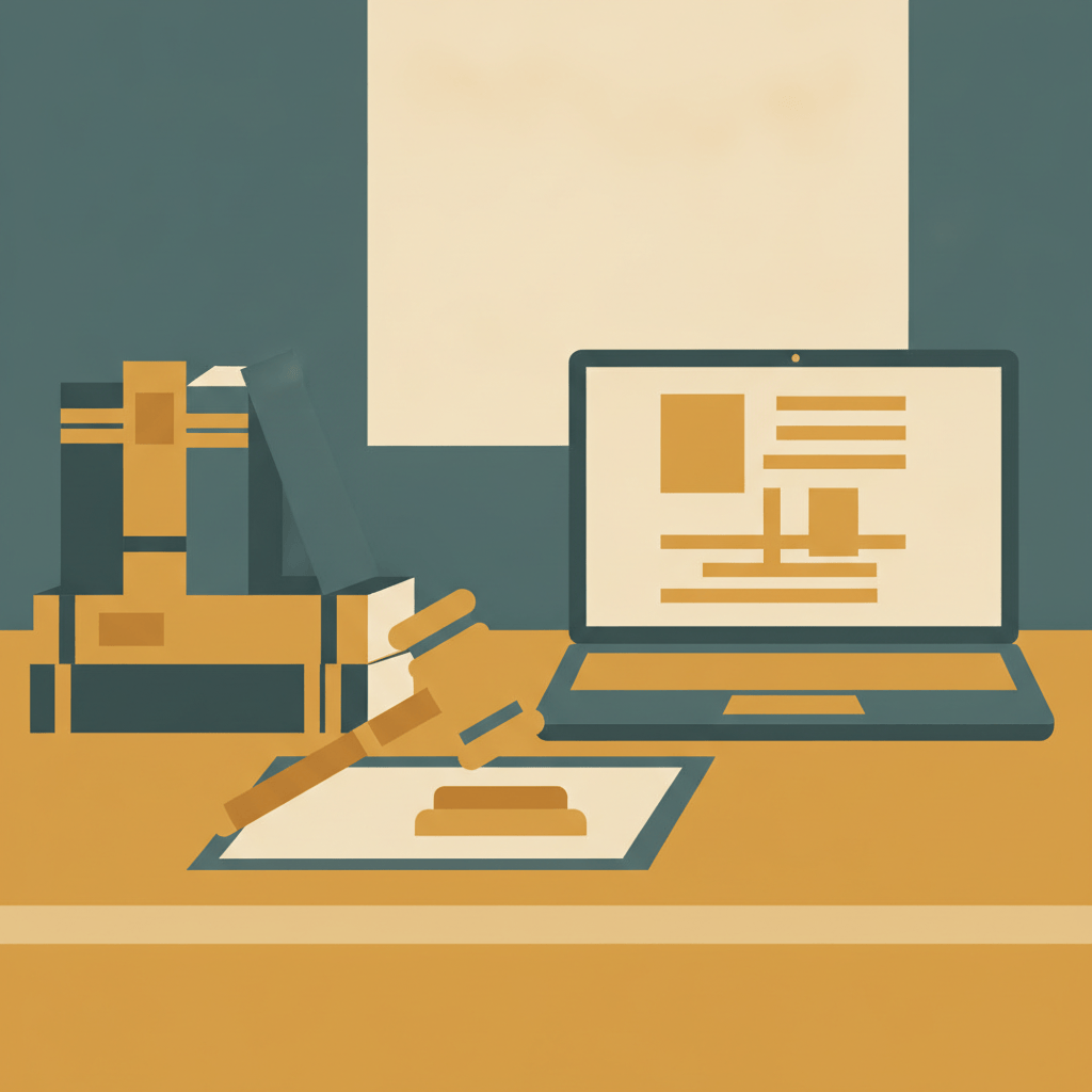 Flat illustration of a desk with law books, a gavel, and a laptop showing abstract document lines