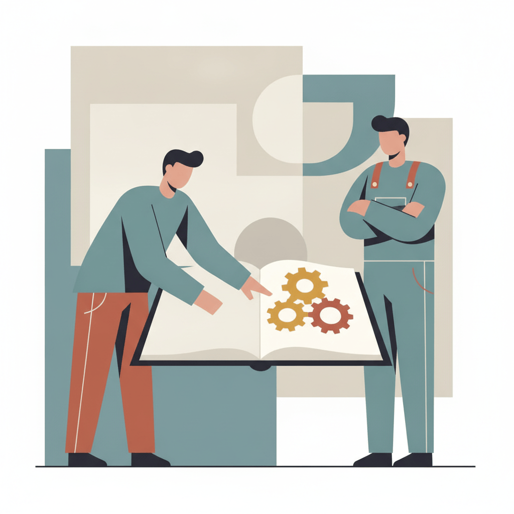 Flat illustration of two people examining a diagram together at a table, symbolizing outside safety review