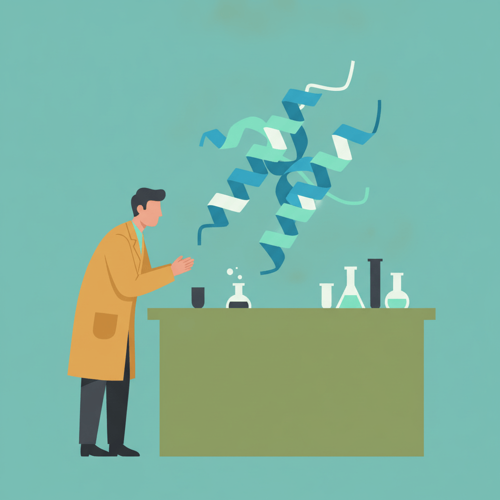 Flat illustration of a researcher examining a stylized protein ribbon structure above a lab bench