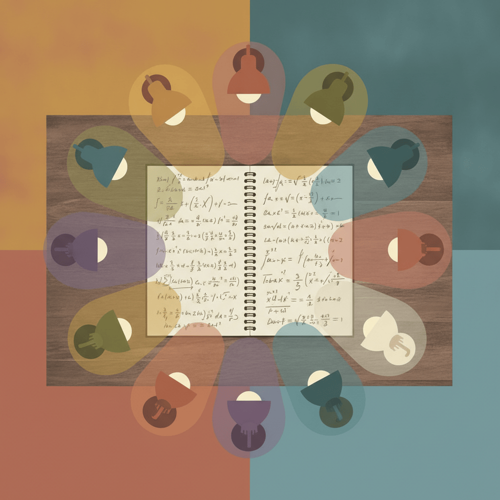 Illustration of a notebook full of equations surrounded by nine lamps casting different colored light, symbolizing independent review.