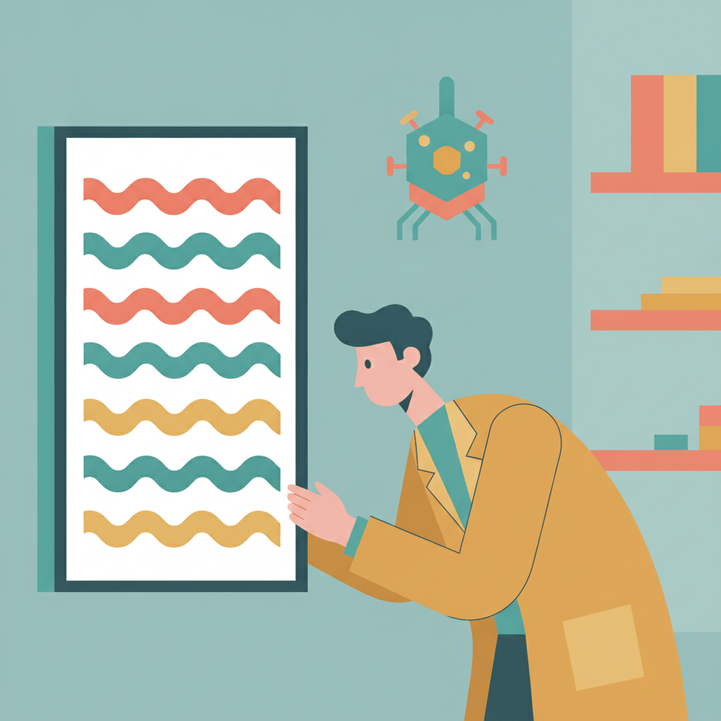 Illustration of a scientist examining abstract DNA sequence data on a screen beside a stylized virus icon
