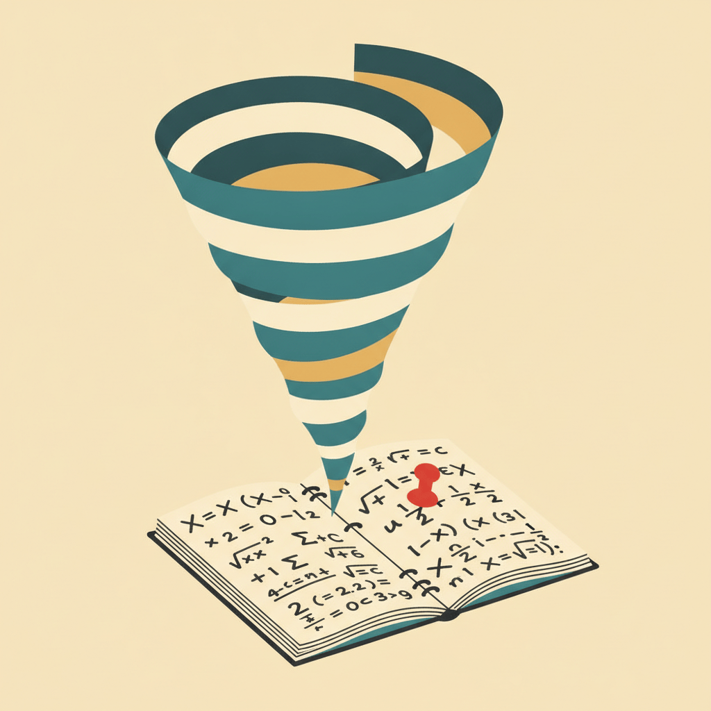 Stylized illustration of a swirling fluid vortex above a notebook of mathematical equations