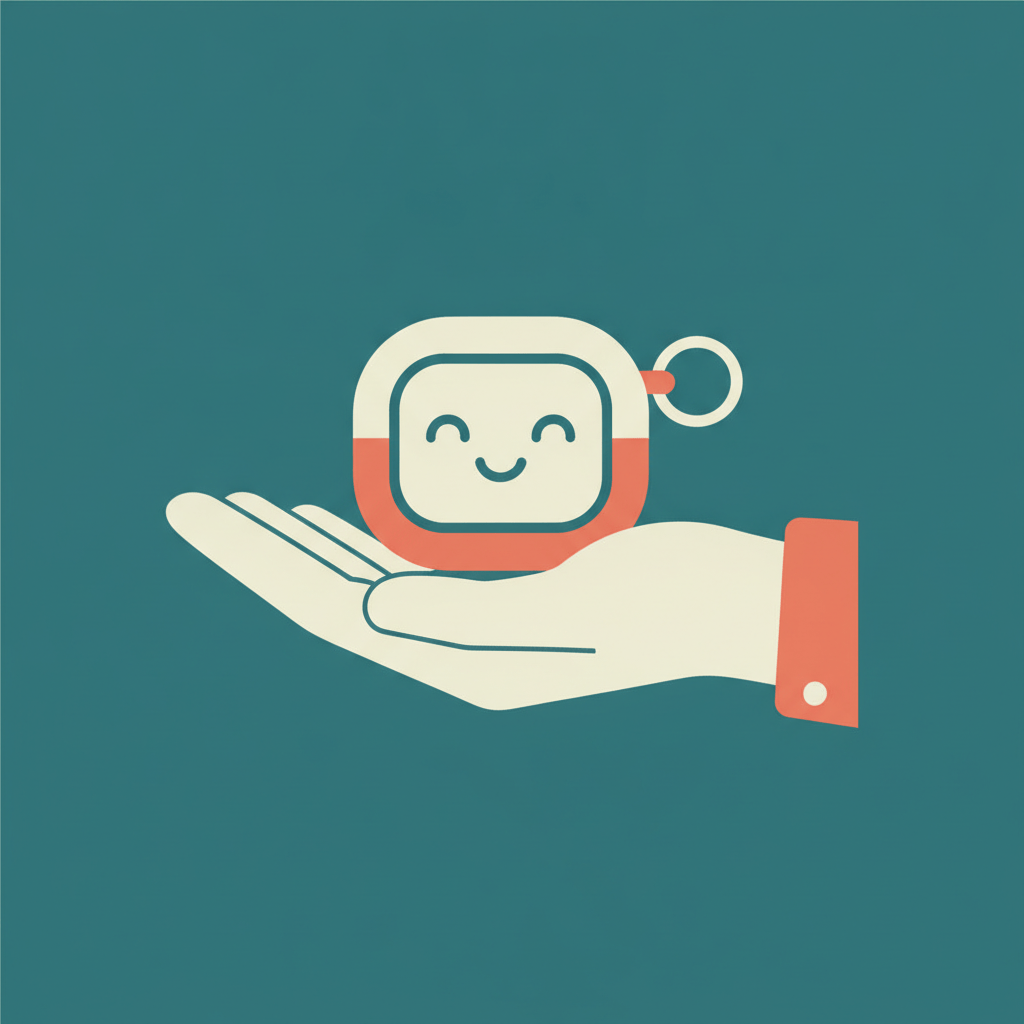 Illustration of a small keychain-sized AI companion gadget with a screen resting in an open palm