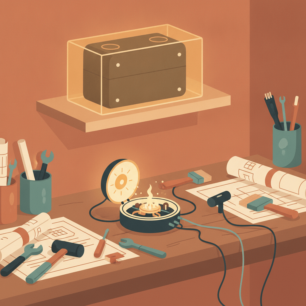 Illustration of a smaller glowing model in active use on a workbench while a larger model sits sealed away on a shelf.