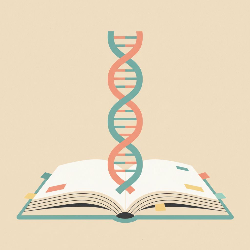 Illustration of a stylized DNA helix emerging from an open reference book like a bookmark