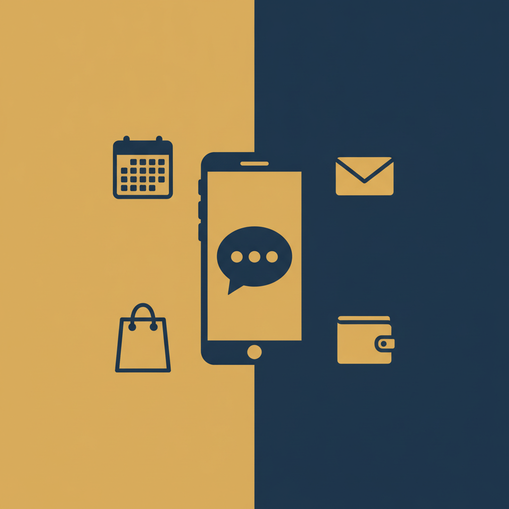 Overhead illustration of a phone surrounded by icons for calendar, mail, shopping and payments, representing a task-completing AI agent