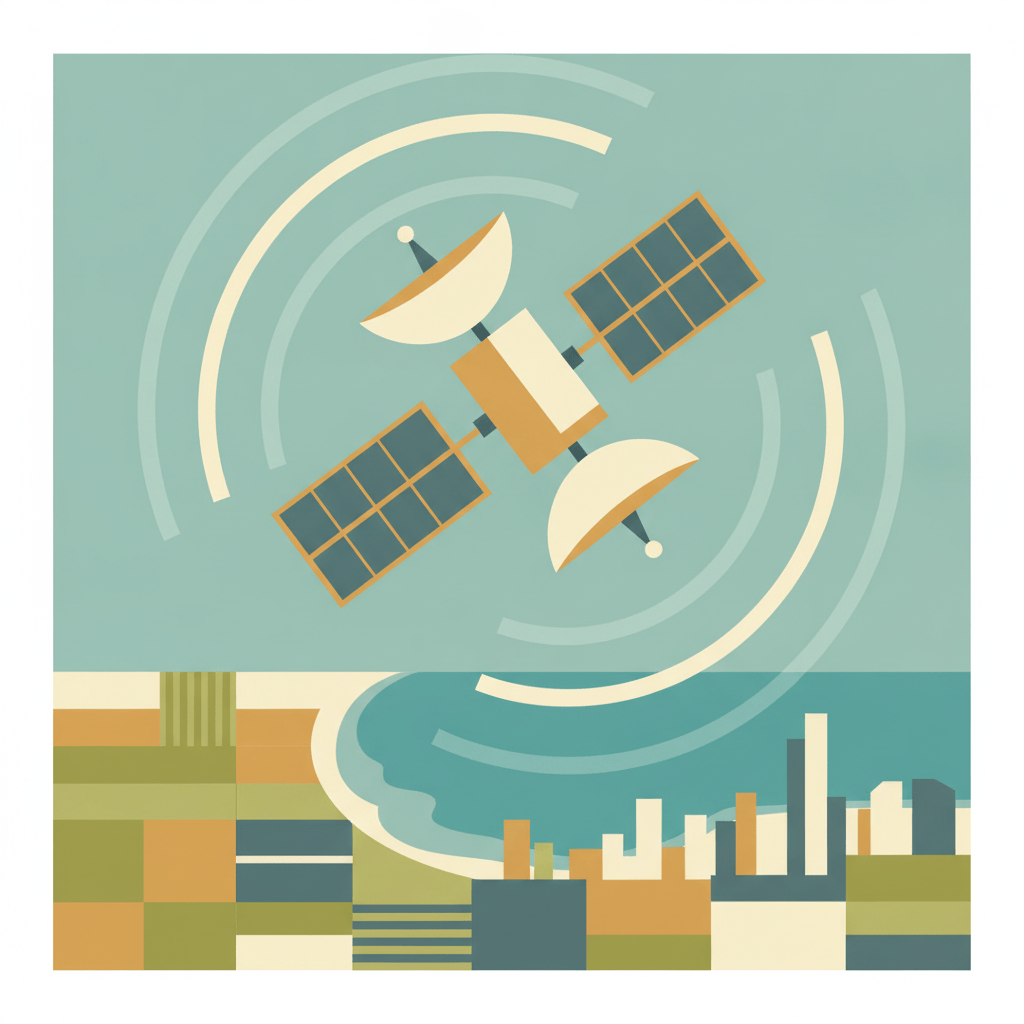 Illustration of a satellite overlooking a landscape with radiating arcs symbolizing hourly weather forecasts.
