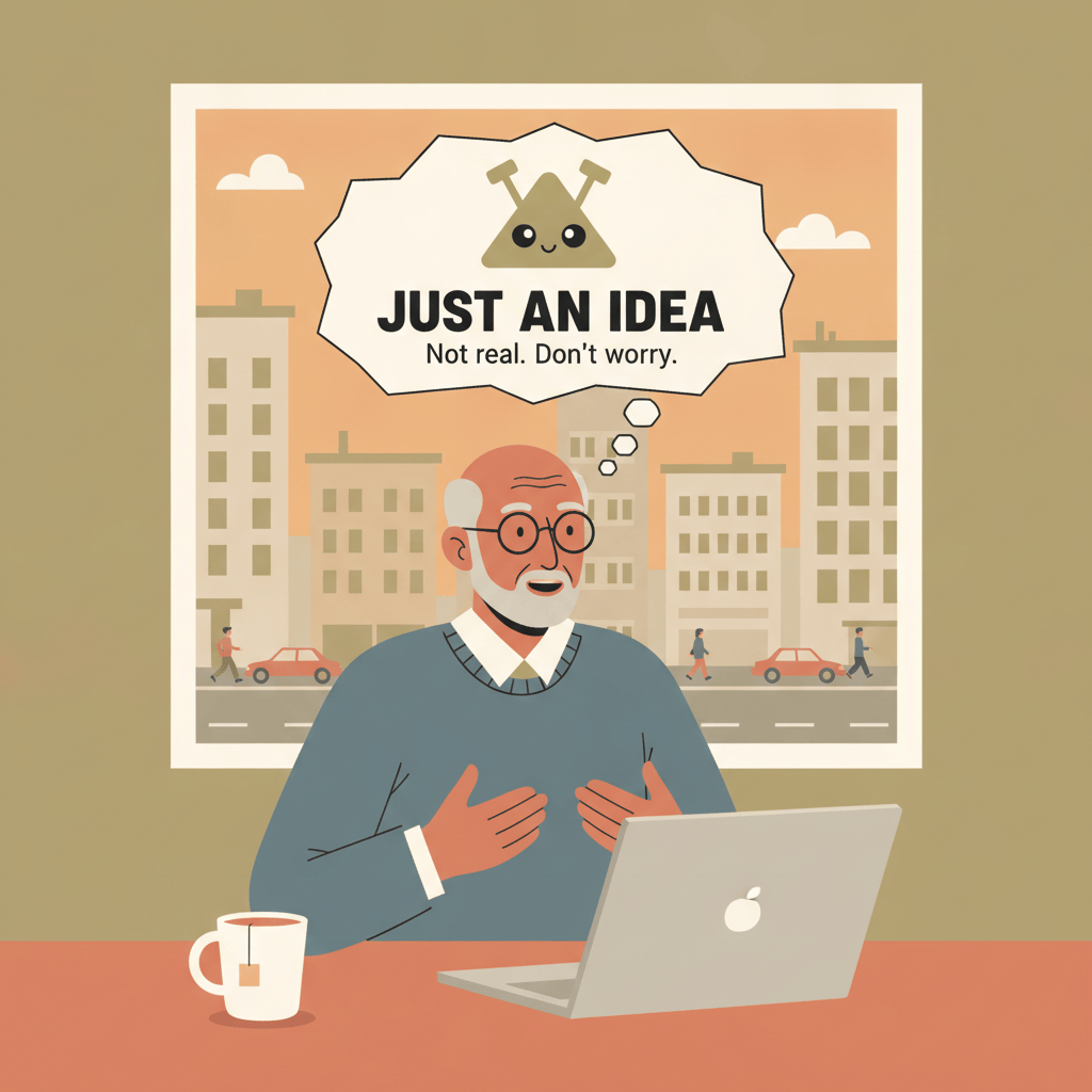 Illustration of a calm scientist with a whimsical cartoon alien in a thought bubble above his head