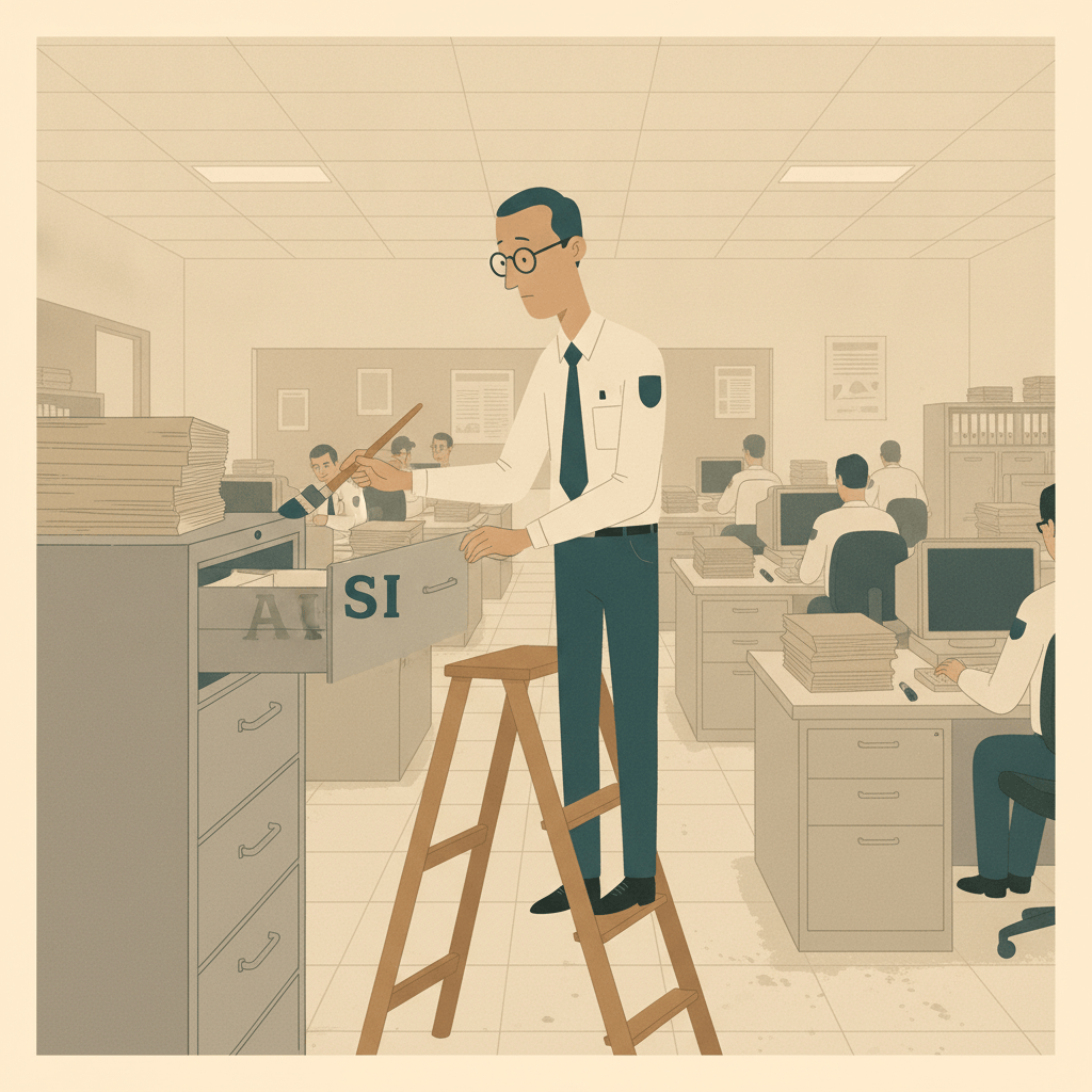 Illustration of a bureaucrat painting a new 'SI' label over an 'AI' label on an otherwise unchanged office filing cabinet