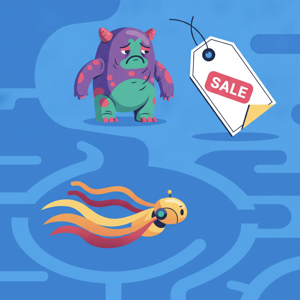 Illustrated swimming robot in a water maze beside a deflating inflatable monster and a folding price tag