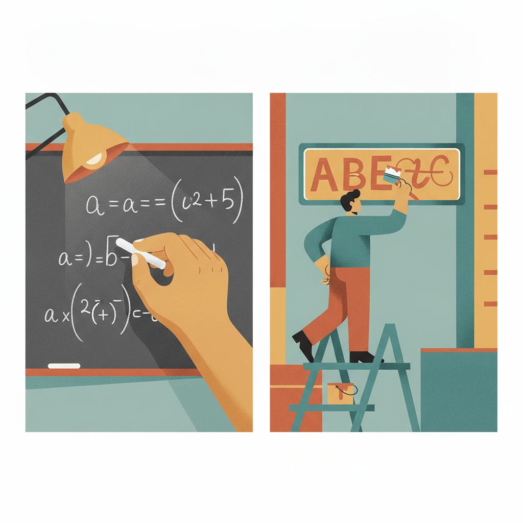 Illustration of a hand chalking an equation beside a sign painter repainting a company nameplate.
