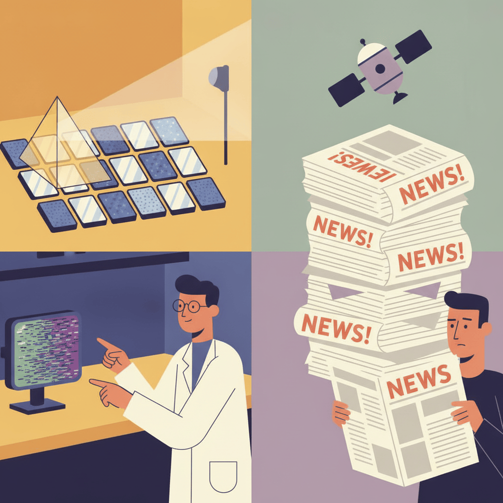 Illustration of a light beam scanning video tiles for fakes beside a tiny satellite dwarfed by dramatic tabloid headlines