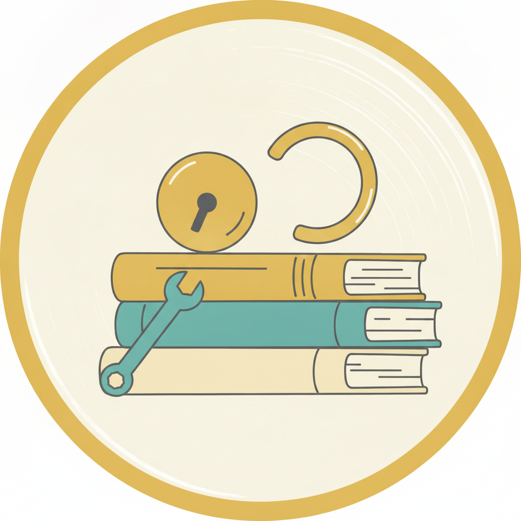 Illustration of an open padlock and wrench resting on a stack of books symbolizing open-source software