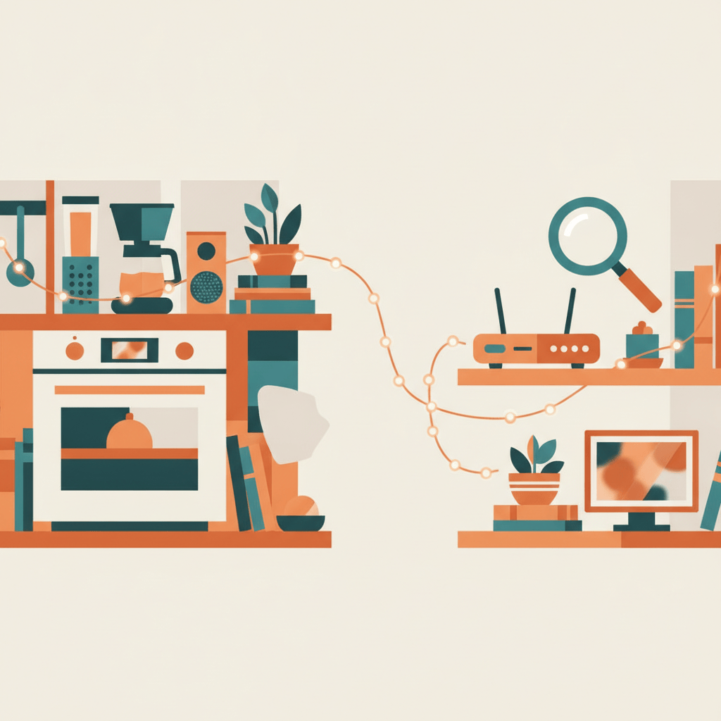 Illustration of ordinary smart home devices like an oven and TV box linked by a thin connecting line, with a magnifying glass nearby