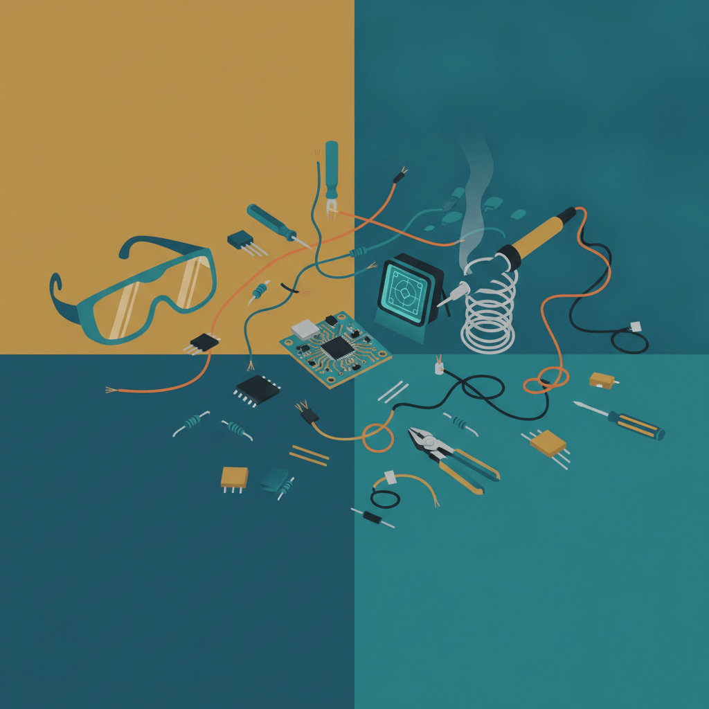 Illustration of a workbench with a small circuit board, screen, and soldering tools for DIY electronics