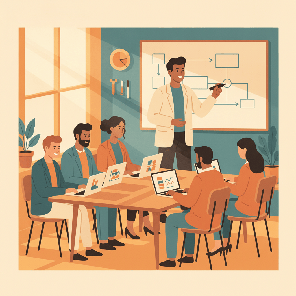 Flat illustration of professionals training together around laptops in a workshop-style classroom setting